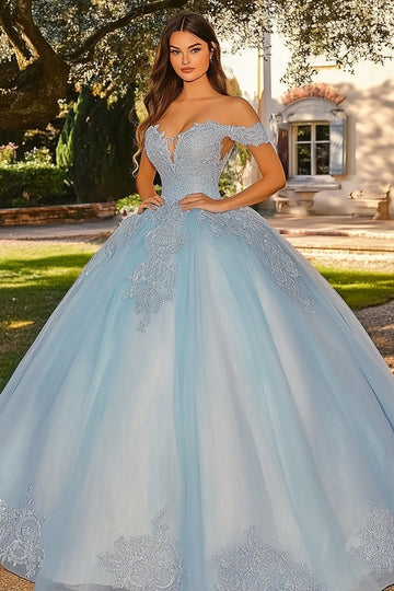 Glamorous Sky Blue Off the Shoulder Tulle Lace Applique Quinceanera Dress
